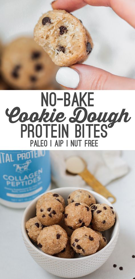 These No-bake Cookie Dough Collagen Protein Bites are the perfect no-bake snack to satisfy your sweet tooth, while also adding protein. They're paleo, AIP, and gluten-free. #paleo #healthysnacks #healthy #cookiedough #aip Healthy Cookie Dough Bites, Aip Cookies, Aip Baking, Aip Snack, Cookie Dough Protein, Autoimmune Recipes, Collagen Recipes, No Bake Cookie Dough, Protein Cookie Dough