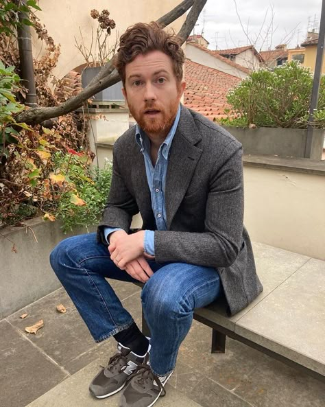 Jake Edward Grantham in Jeans, New Balances, and a sport jacket. Jake Grantham, Sports Jacket Outfit, Sport Coat Outfit, Dress Sneaker, New Balances, How To Wear Sneakers, Boston Usa, History Teacher, Workwear Vintage