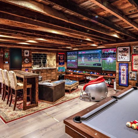 High Ceiling Basement, Antique Basement Ideas, Classy Sports Basement, Barndominium Basement, Sports Bar Basement Ideas, Cool Basements, Basement Hallway Ideas, Large Basement Ideas Layout, Home Sports Bar Ideas