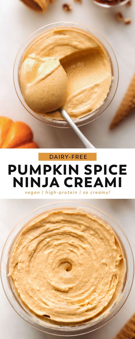 My favorite high-protein frozen fall dessert! This ninja creami pumpkin ice cream is dairy-free, fruit-sweetened, and full of warm cozy pumpkin spice. Mix-in a handful of nuts or granola for an instant pumpkin pie (but healthy) experience! Dairy Free Ninja Creami, Ice Cream Maker Recipes Healthy, Pumpkin Ice Cream Recipe, Pumpkin Spice Ice Cream, Ninja Ice Cream Recipe, Healthy Ice Cream Recipes, Vegan Pumpkin Spice, Dairy Free Pumpkin, Clean Dessert