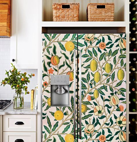 Refrigerator Wrap Vintage William Morris Lemons Retro Fridge - Etsy Australia Kitchen Cabinets With Decals, Eclectic Cottage Decor Living Room, Refrigerator Diy Makeover, Peel And Stick Refrigerator, Peel And Stick Wallpaper Fridge, Fridge Wraps Vinyl Ideas, Vinyl Wrap Fridge Diy, Vinyl Fridge Wrap, Vinyl Refrigerator Wrap