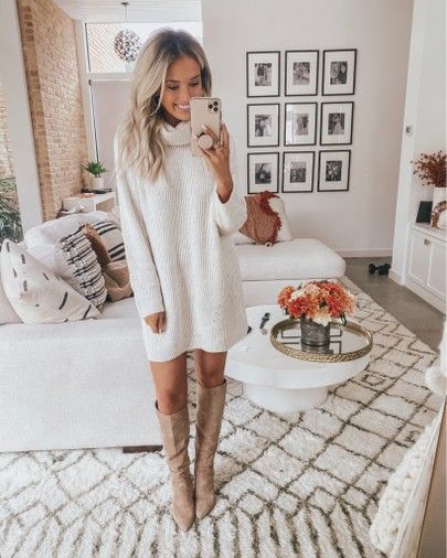 1st Anniversary Outfit Ideas, Cold Weather Wedding Outfit Guest Classy, White Sweater Dress Outfit, Sweater Dress Outfit Winter, White Sweater Dress, Sweater Dress Outfit, Winter Dress Outfits, Dresses Casual Winter, Turtleneck Sweater Dress