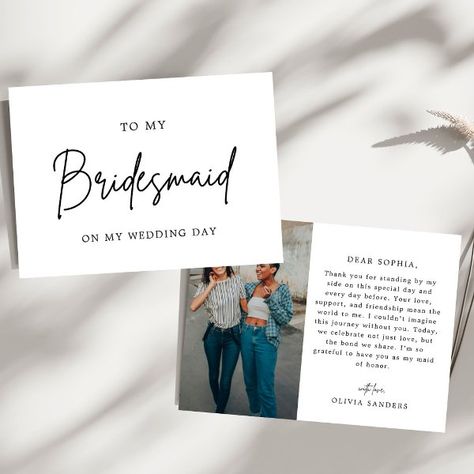 Minimalist Chic Photo To My Bridesmaid Wedding Day Thank You Card Maid Of Honor Proposal, Bridesmaid Thank You, Elegant Typography, Be My Bridesmaid Cards, Bridesmaid Proposal Cards, Simple Invitation, Bridesmaid Proposal Gifts, Bridesmaid Cards, Minimalist Chic