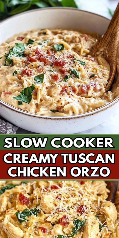 Slow Cooker Creamy Tuscan Chicken Orzo Ingredients: 2 boneless, skinless chicken breasts (cut into small cubes) 1 teaspoon Italian seasoning ¼ teaspoon red pepper flakes Salt and pepper (to taste) 4 cloves garlic (minced) 1 small onion (diced) 1 cup sun-dried tomatoes (chopped, not in oil) ½ cup chicken broth (low sodium) 1 cup heavy cream 1 cup fresh spinach (roughly chopped) 1 cup orzo pasta 1 cup Parmesan cheese (grated) #Creamytuscan #ChickenOrzo #Quickrecipe Tuscan Chicken Orzo, Creamy Orzo Recipes, Chicken Orzo Pasta, Creamy Orzo Pasta, Italian Chicken Soup, Creamy Crockpot Chicken, Creamy Parmesan Chicken, Italian Chicken Crockpot, Sundried Tomato Chicken