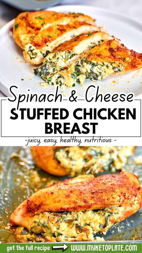 This Spinach and Cheese Stuffed Chicken Breast is a popular and easy dinner recipe. It features chicken breasts filled with creamy spinach and cheese, baked to perfection for a delicious and juicy meal. Plus, it's low in carbs, making it perfect for a keto-friendly, low-carb dinner. Cream Cheese Spinach Stuffed Chicken, Chicken Fried Cauliflower, Spinach And Cheese Stuffed Chicken, Healthy Stuffed Chicken, Spinach Stuffed Chicken Breast Recipes, Chicken Fried Cauliflower Rice, Chicken Spinach Recipes, Stuffed Chicken Breast Recipes, Spinach Stuffed Chicken Breast