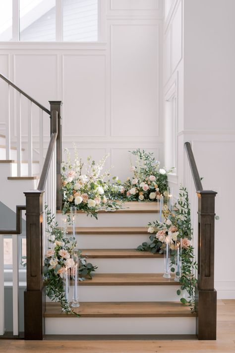 Floral Stairs Wedding, Wedding Arch Alternative, Indoor Ceremony, Stair Decor, Ceremony Flowers, Wedding Vibes, Secret Wedding, Wedding Florals, Wedding Arch