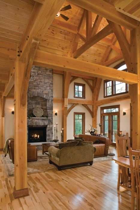 A great example of a post and beam barn home... Post And Beam Interiors, Timber Frame Great Room, Post And Beam House, Post And Beam Home, Timber Frame House, Diy Rustic Home, Rock Fireplaces, Rustic Home Design, Timber Frame Homes