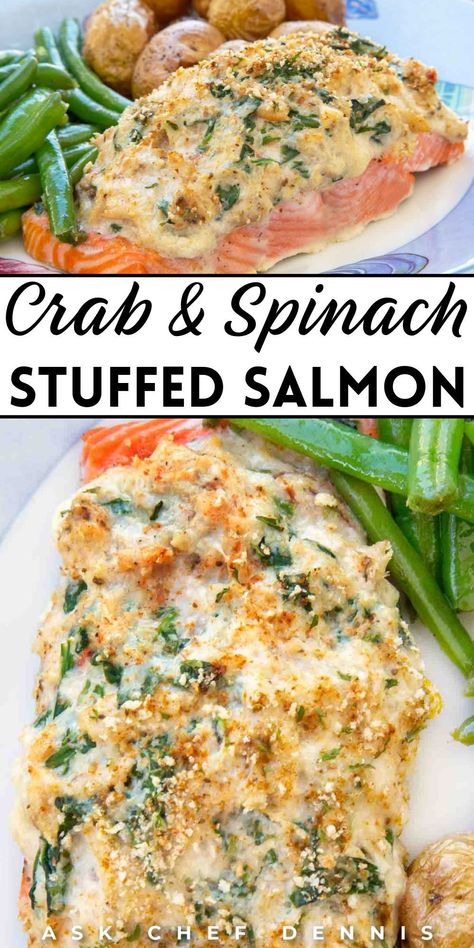 Spinach Stuffed Salmon, Salmon Stuffed, Crab Stuffed Salmon, Stuffed Salmon, Fish Dinner Recipes, Delicious Seafood Recipes, Best Seafood Recipes, Fish Recipes Healthy, Baked Salmon Recipes