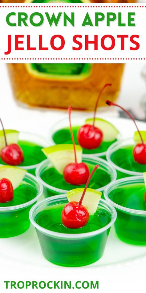 Crown Jello Shots Recipe, Wedding Cake Jello Shots, Crown Royal Apple Party Decorations, Sonic Green Apple Jello Shots, Crown Apple Jello Shots Recipe, Dinosaur Jello Shots, Green Jello Shots Recipe, Green Apple Jello Shots Recipes, Color Party Green Food