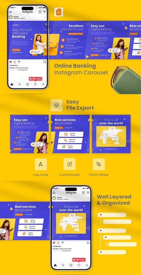 Online banking Instagram carousel design with a modern and minimalist #Instagram_Design_Carousel #Carousel_Poster_Design #Education_Instagram_Feed #Carousel_Design_Instagram Carousel Design Instagram, Social Media Carousel Design, Instagram Carousel Design Ideas, Carousel Post Instagram, Carousel Post Template, Instagram Carousel Design, Carousel Post Design, Carousel Ideas, Carousel Design