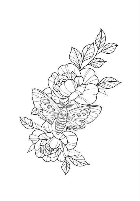 Peony Flower Back Tattoo, Moth Rose Tattoo, Insect Floral Tattoo, Peony And Moth Tattoo, Moth Peony Tattoo, Coffin Flower Tattoo, Moth And Flowers Tattoo Design, Detailed Moth Tattoo, Carnation Tattoo Stencil