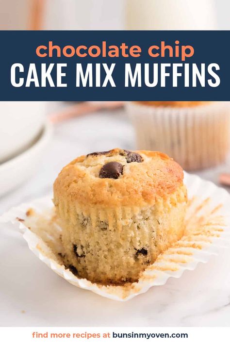 These Cake Mix Muffins are incredibly easy to make, with just 5 ingredients needed. They have that amazing bakery style taste, but without the effort. Soft and fluffy on the inside and filled with plenty of chocolate chips, it’s hard to stop at just one! Chocolate Chip Muffins With Cake Mix Boxes, Chocolate Chip Yellow Cake, Cake Box Muffins, Yellow Cake Mix Breakfast Recipes, Muffins Using Cake Mix Boxes, Yellow Cake Mix Muffins, Cake Mix Chocolate Chip Muffins, Cake Mix Muffins Recipes, Bakery Style Chocolate Chip Muffins