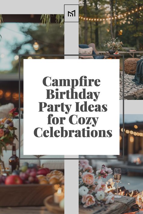 Create a warm and inviting atmosphere for your birthday party with cozy campfire furniture. Arrange comfortable Adirondack chairs and rustic wooden benches around the fire pit for guests to gather and relax. Add plush blankets and oversized floor pillows for extra comfort, and set up small side tables for drinks and snacks. Enhance the ambiance with string lights and lanterns for a magical glow that sets the stage for a memorable celebration under the stars. Bonfire 40th Birthday Party, Indoor Campfire Ideas, Campfire Theme Party Decorations, Fire Pit Birthday Party, Bon Fire Party Ideas For Adults, Rv Birthday Party Ideas, Bonfire Themed Birthday Party, New Years Bonfire Party, Comfy Cozy Party Theme