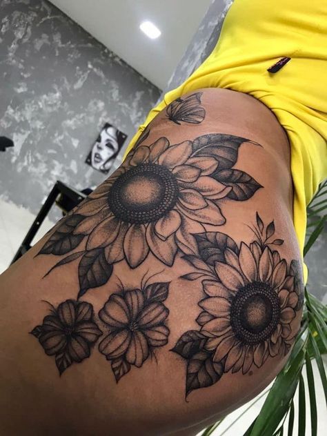 Sunflower Tattoo On Black Women, Bottom Tattoos For Women, Hip Tattoos Black Women, Bum Tattoos For Women, Tattoo On Bum For Women, Full Leg Tattoos Women Sleeve, Thigh And Bum Tattoo Women, Under Bum Tattoo Women, Bum Tattoo Women