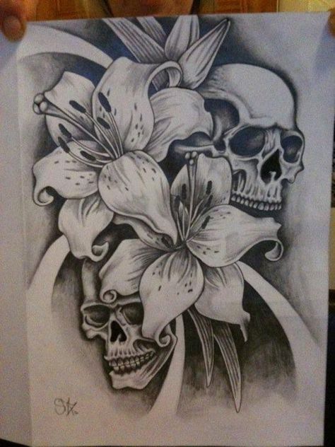 Lilly Tattoo Design, Lilly Tattoo, Skull Tattoo Flowers, Sick Drawings, Lillies Tattoo, Lily Tattoo Design, Jersey Ideas, Stomach Tattoo, Skull And Flowers