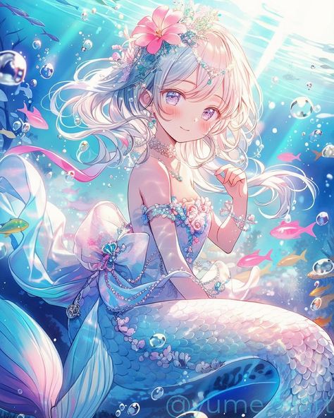 Mermaid Anime Pfp, Anime Mermaid Female, Mermaid Fanart Anime Style, Mermaid Cute Illustration, Mermaid Anime, Mystical Mermaid Art, Pokemon Painting, Anime Mermaid, Mermaid In Aquarium Art