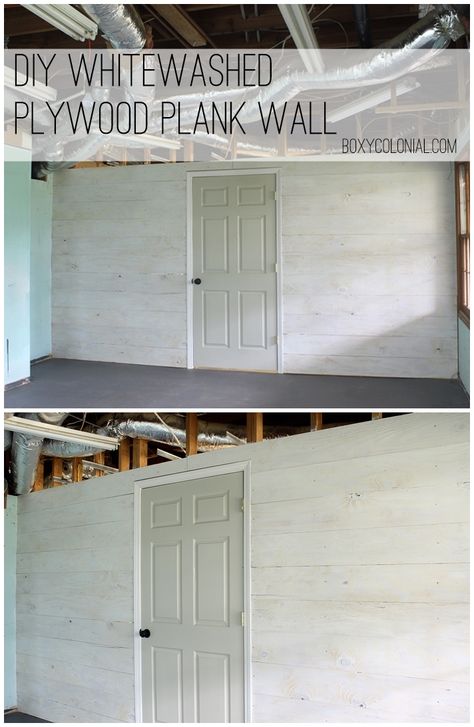 DIY Whitewashed Plank Wall from plywood.....easy and inexpensive project! Plywood Walls Painted, Painting Plywood Walls, Plywood Garage Walls, Painting Wood Paneling, Plywood Walls, Diy Basement, Plank Walls, Basement Walls, Painting Wood