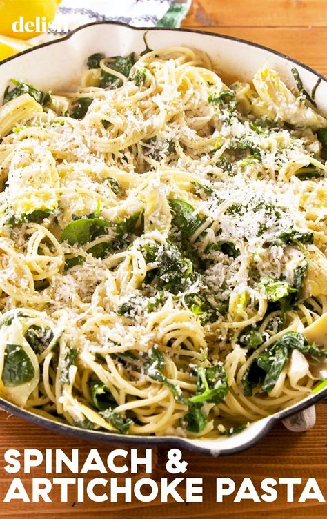 The Whole Family Will Devour This Cheesy Spinach-Artichoke Pasta Straight From The Skillet Delish Beautiful Staircases, Spinach Artichoke Pasta, Spinach Bake, Grilling Ideas, Cheesy Spinach, Future Chef, Artichoke Pasta, Pasta Party, Healthier Meals