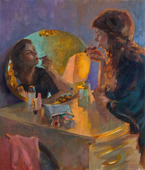 Portrait painting of a woman looking in the mirror and doing her makeup Elena Morozova, Mirror Drawings, Reflection Painting, Reflection Art, Leaf Painting, Gold Painting, Mirror Painting, Wow Art, What Do You See