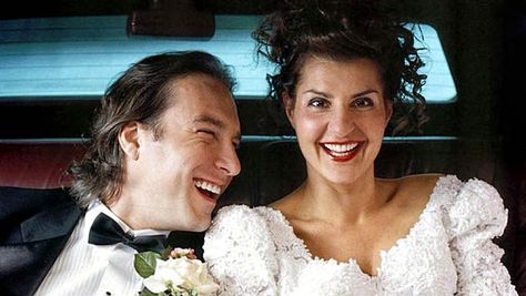 MY BIG FAT GREEK WEDDING (2002) Fotoula "Toula" Portokalos, a middle class Greek American woman falls in love with a non-Greek upper middle class "White Anglo-Saxon Protestant" Ian Miller. Nia Vardalos, My Big Fat Greek Wedding, Movie Wedding Dresses, John Corbett, Best Romantic Comedies, Celebrity Bride, Wedding Movies, Chick Flicks, Wedding Scene