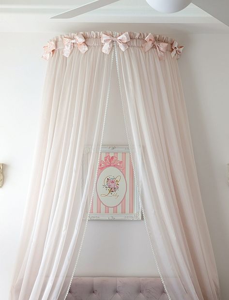 "Princess style. Large. Impressive. Romantic. Handcrafted. Size of each panel W78\" × H108\" Choose the option with  \"blush silk organza\" or \"sheer voile\" curtains.  Add a note about the curtains' color and lace trim preference during you order . Do you need another color? Please send me a message." Small Bed Canopy, Love Shack Fancy Bedroom Aesthetic, Couch Canopy, Pink Bow Decor, Bow Curtains, Coquette Rooms, Pink Princess Room, Girls Princess Room, Coquette Decor