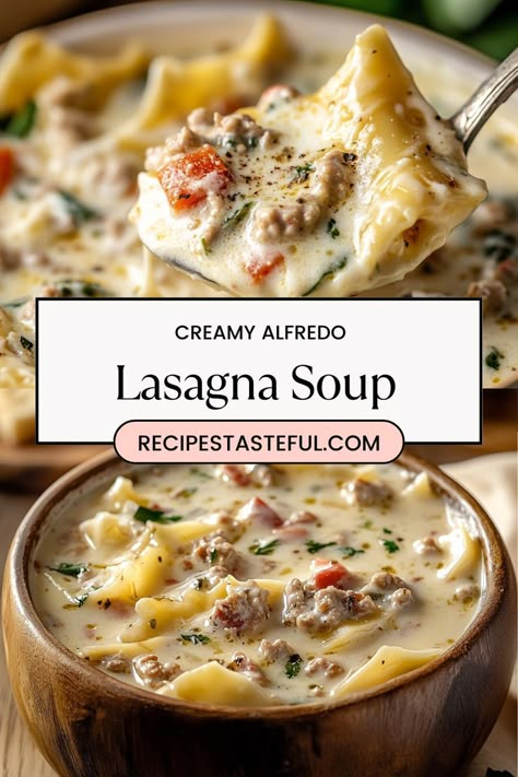 This Creamy Alfredo Lasagna Soup is packed with sausage, mushrooms, spinach, and lasagna noodles, all in a rich Parmesan cheese broth. This hearty, warming soup is perfect for cold winter months.