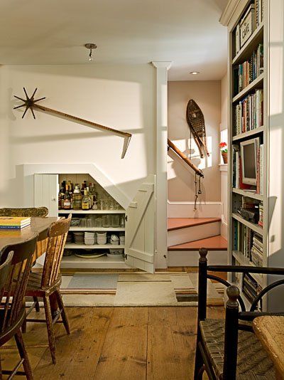 Antique Cape — SMITH & VANSANT ARCHITECTS Small House Remodel, Cape Style Homes, Restored Farmhouse, Traditional Staircase, Basement Stairs, Cape House, Traditional Dining Room, Understairs Storage, Cottage Interiors