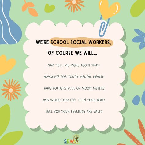 We're school social workers, of course we're going to want to celebrate during National School Social Work Week!  🙌 Join us in acknowledging and thanking school social workers, including the SEWI clinical team, for the invaluable roles they play in student well-being and success.   #SEWI #MSW #SocialWork #schoolsocialwork Social Work Code Of Ethics, School Social Work Quotes, Bachelor Of Social Work, Social Work Aesthetic, School Social Work Activities, Social Worker Quotes, Social Work Offices, School Social Workers, Social Skills Lessons