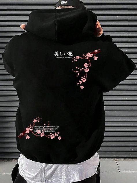 Men Floral & Slogan Graphic Kangaroo Pocket Drawstring Thermal Lined Hoodie Black Casual  Short Sleeve Fabric Floral,Slogan  Slight Stretch  Men Clothing, size features are:Bust: ,Length: ,Sleeve Length: Japanese Hoodie, Lined Hoodie, Vibe Clothes, Fabric Floral, Cool Hoodies, Harajuku Fashion, Pullover Men, Girls Jacket, Apparel Design