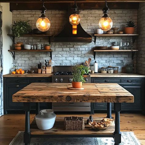 9+ Industrial Kitchen Island Ideas for Small Kitchens with Urban Flair • 333+ Inspiring Lifestyle Ideas Rustic Industrial Kitchen Island, Industrial Kitchen Island Ideas, Industrial Apartment Kitchen, Small Industrial Kitchen, Island Ideas For Small Kitchens, One Wall Kitchen With Island, Industrial Loft Kitchen, Living Industrial, Ideas For Small Kitchens