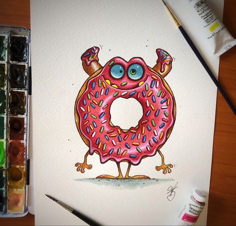 Donut Character, Cardstock Ideas, Donut Tattoo, Food Characters, Halloween Challenge, Creature Ideas, Desserts Drawing, Donut Art, Bobble Heads