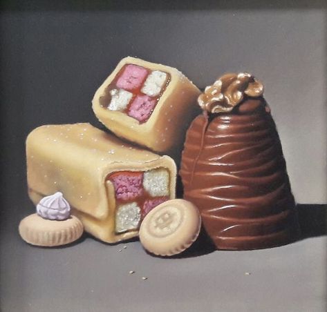 Lucy Crick | Walnut Whip and Mini Battenburg Cakes Walnut Whip, A Level Art Sketchbook, Candy Cakes, Food Painting, Food Projects, Hyperrealism, Still Life Art, Sweets Treats, Food Illustrations