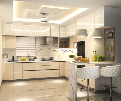 Modern Kitchen With Breakfast Counter, Breakfast Unit Kitchen, Modular Kitchen With Breakfast Counter, Breakfast Counter In Kitchen, Kitchen With Breakfast Table, Open Kitchen With Breakfast Counter, Kitchen False Ceiling Design, False Ceiling Kitchen, Interior Design Guidelines