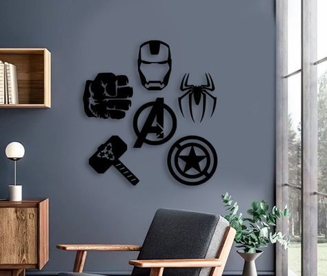 Marvel Avengers Sets of 6 Wood Wall Art Nursery Wooden Home - Etsy Super Hero Boys Room Ideas, Modern Avengers Bedroom, Avenger Room Decor Bedroom Ideas, Marvel Teenage Bedroom, Teen Marvel Bedroom, Modern Marvel Bedroom, Marvel Office Ideas, Boys Avengers Bedroom, Avengers Room Ideas