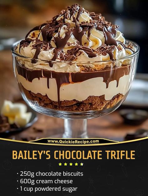 Last minute recipes | Bailey's Chocolate Trifle | Facebook Bailey’s Chocolate Cheesecake Truffle, Baileys Chocolate Cheesecake Trifle, Baileys Trifle Recipes, Baileys Recipes Desserts, Baileys Trifle, Last Minute Recipes, Guava Desserts, Trifle Dessert Recipes, Trifle Recipes