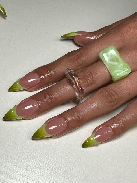 Airbrush French Nails Ombre, Nails Acrylic Lime Green, Different Styles Of French Tip Nails, Nude Aura Nails, Multi Colored French Tip Nails, Unique French Tip Nails, Nails Lime Green, Green Ombre Nails, Green French Tip Nails