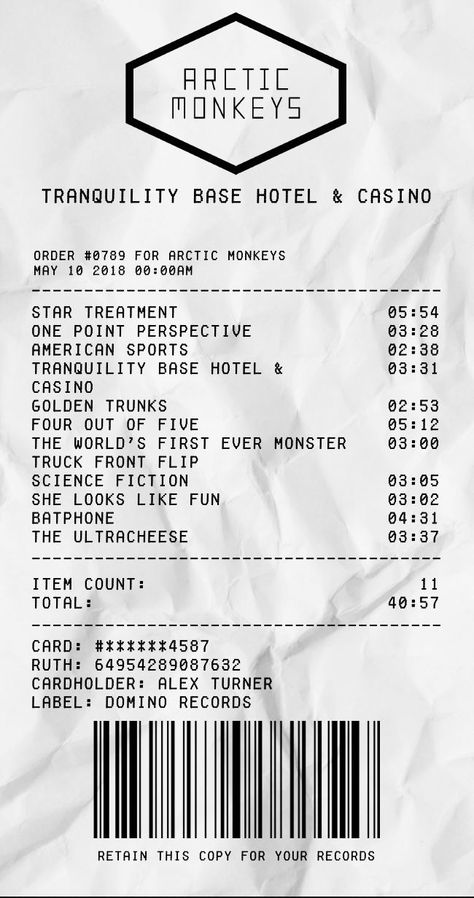 Tranquility Base Hotel & Casino receipt. Aesthetic Moon Pics, Tbhc Aesthetic, Music Receipt, Arctic Monkeys Posters, Tranquility Base Hotel And Casino, Album Receipts, Monkey Room, Tranquility Base, Miles Kane