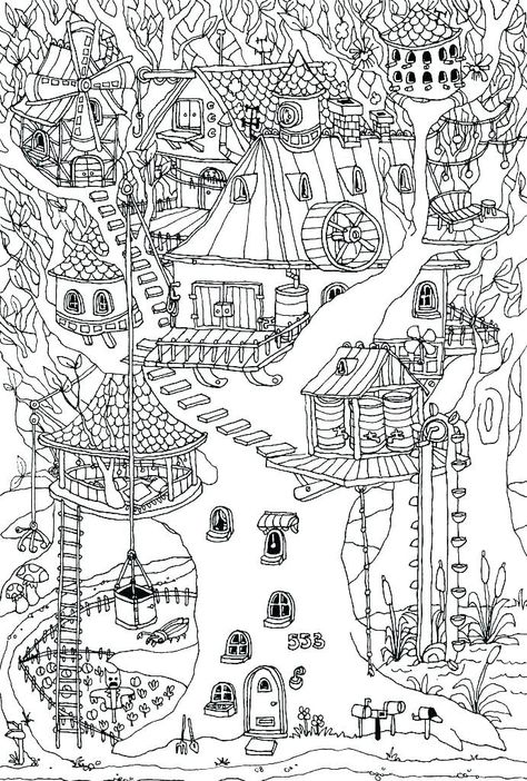 Treehouse Coloring Pages - Best Coloring Pages For Kids Colouring Art Therapy, House Colouring Pages, Picture Tree, Zen Tangle, Magic Treehouse, Detailed Coloring Pages, Adult Colouring Pages, Character Home, Colouring Techniques