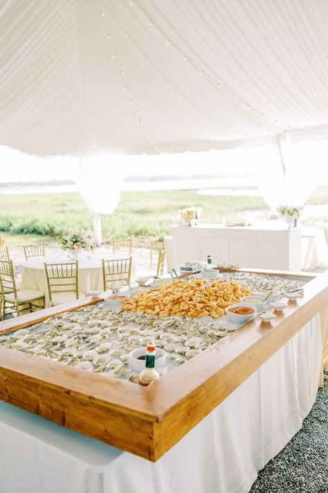 Oyster Bar Wedding Ideas, Luxury Wedding Cocktail Hour, Oyster Cocktail Hour, Charleston Style Wedding, Old Southern Wedding Theme, Oysters At Wedding, Lowndes Grove Cocktail Hour, Coastal Country Club Wedding, Coastal Chic Wedding Dress