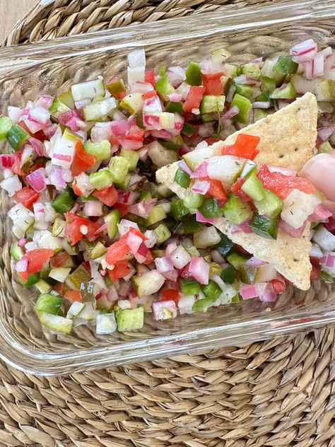 Dill Pickle Salsa | The Sassy Barn Pickle Salsa, The Sassy Barn, Diy Menu, Chicken Chopped Salad, Appetizers Easy Finger Food, Dip Recipes Easy, Salsa Dip, Finger Food Appetizers, Salsa Recipe