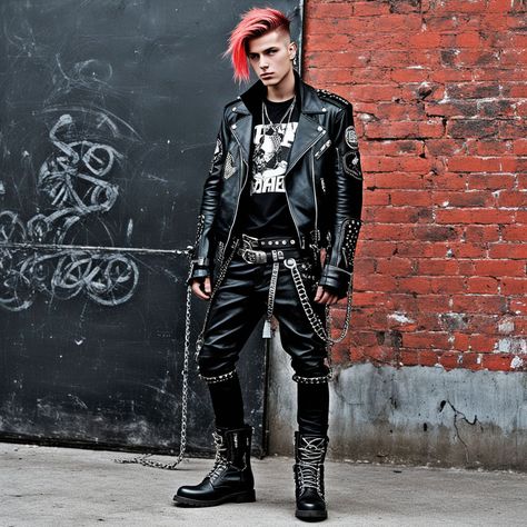 Emo Outfits 2000s Men, Emo Outfits 2000s, Punk Guy, Punk Emo, Punk Leather Jacket, 2000s Men, Chica Punk, Punk Boy, Rocker Outfit