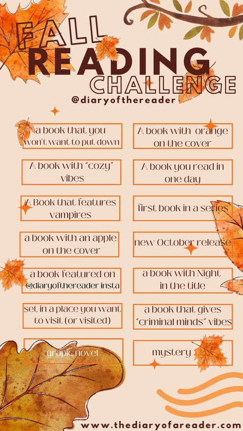 diary of a reader fall reading challenge Autumn Reading Challenge, November Reading Challenge, Autumn Reading List, Fall Reading Challenge, Book Reading Challenge, Autumn Reads, Fall Reads, Book Bingo, Autumn Reading