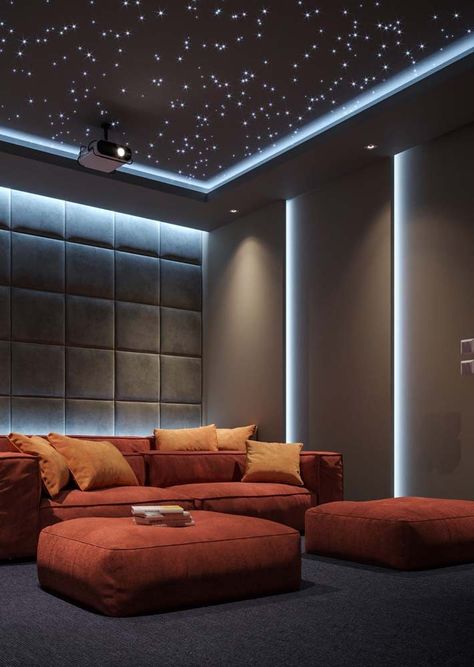 Decoração de Home Theater: Dicas e 50 Fotos Inspiradoras Best False Ceiling Designs, Home Theatre Design, Home Theater Lighting, Modern Bungalow House Design, Home Theater Room Design, Karaoke Room, Home Music Rooms, Theater Room Design, Media Room Design