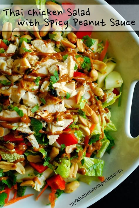 Thai Chicken Salad with Spicy Peanut Sauce - My Kitchen Escapades Thai Mad, Thai Chicken Salad, Thai Salad, Dressing Salad, Thai Salads, Resep Salad, Spicy Peanut Sauce, Salad With Chicken, Favorite Salad