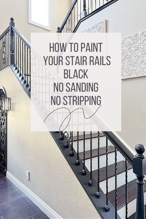 Paint Stair Treads Black, Painting A Staircase Railing, Painted Black Railing Stairs, Paint Bannister Black, Painting Metal Stair Railings, Painting Wood Stairs Black, Black Banisters And Railings Wood, Paint Banister Black, Black Paint Staircase