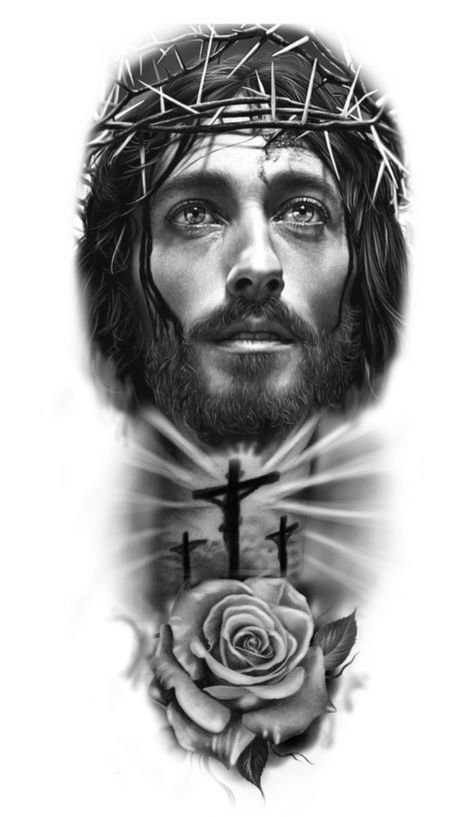 Christus Tattoo, Jesus Christ Tattoo, Jesus Tattoo Design, Half Sleeve Tattoo Stencils, Unique Half Sleeve Tattoos, Chicano Tattoos Sleeve, Christ Tattoo, Realistic Tattoo Sleeve, Jesus Drawings