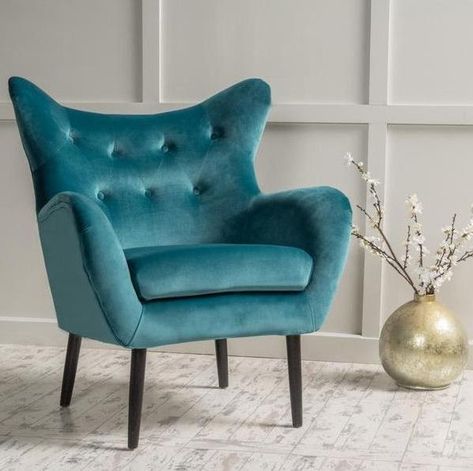 Peck Velvet Accent Chair - The Peck velvet arm chair is a wonderful addition to any sitting area. It's unique design and playful color gives any room a unique but yet formal ambiance. - Sofa Creations #accentchair #chair #homefurnishings #design Teal Home Office, Turquoise Accent Chair, Velvet Arm Chair, Velvet Wingback Chair, Brown Armchair, Teal Velvet, Salon Suites, Home Office Chair, Velvet Accent Chair