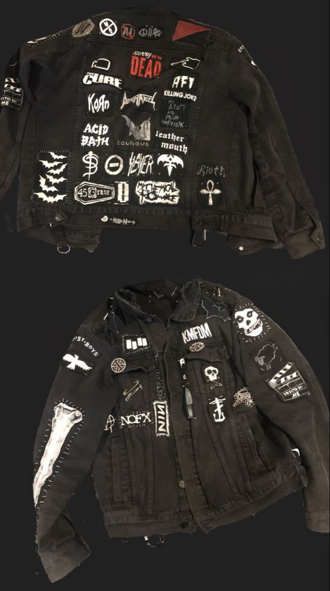 Punk Denim Jacket Diy, Punk Jacket Patches, Goth Battle Jacket, Battle Jacket Metal, Battle Jacket Ideas, Punk Jacket Diy, Punk Battle Jacket, Punk Patches Ideas, Jacket Design Ideas