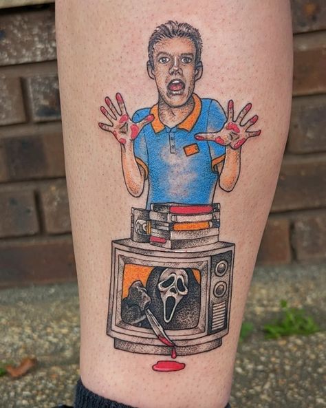 Scream the movie tattoo with ghost face on tube TV with VHS and Matthew Lillard wearing a blockbuster polo, in color, dotwork on inner ankle Matthew Lillard Tattoo, Vhs Tattoo, Scream Tattoo, Tv Tattoo, Horror Tattoos, Matthew Lillard, Scream Franchise, Movie Tattoo, Horror Tattoo