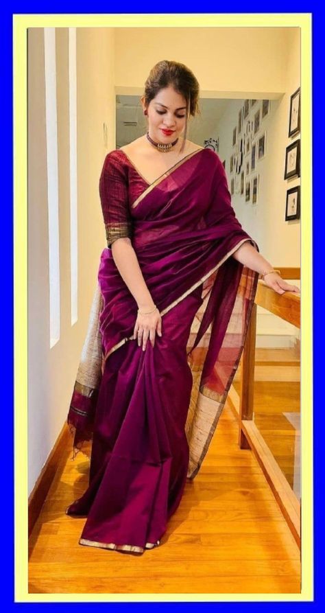 Sarees For Girls, Saree Wearing Styles, Simple Saree Designs, Cotton Saree Designs, Beautiful Sarees, Cotton Silk Saree, Simple Sarees, Indian Fashion Saree, Saree Designs Party Wear